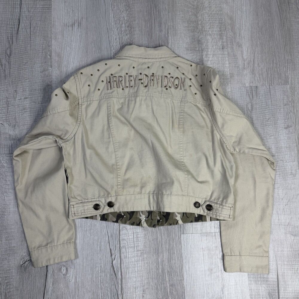 Harley Davidson Jacket Women’s Size XL Khaki Tan Studded Dazzle Cropped Biker J - Picture 9 of 13